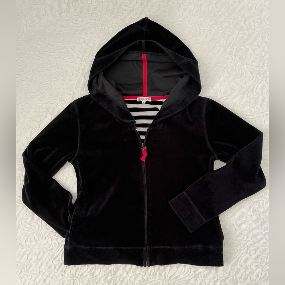 HUE Velour Hoodie Black with Red Accents Zip Up Medium